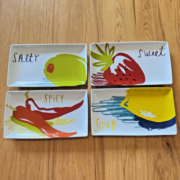 CRATE & BARREL Snack Appetizer Plates Set of 4 Apps Sweet Sour Spicy Salty - Picture 1 of 7